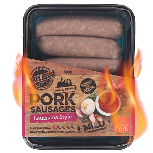 Three Aussie Farmers Louisiana Style Gourmet Pork Sausages Flames Three Aussie Farmers Louisiana Fire