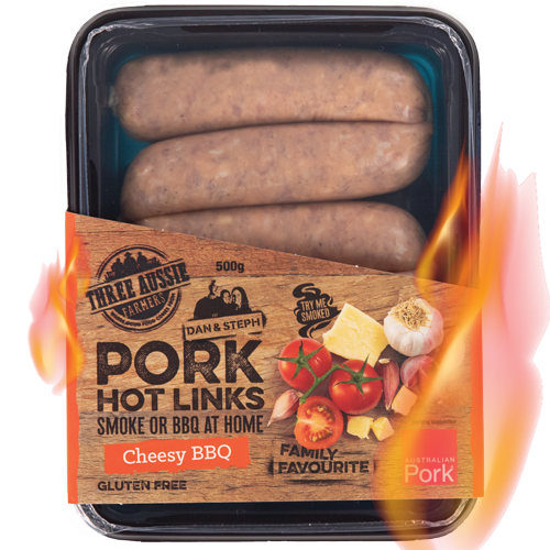 Three Aussie Farmers Louisiana Style Gourmet Pork Sausages Flames Three Aussie Farmers Cheesy BBQ Sausages