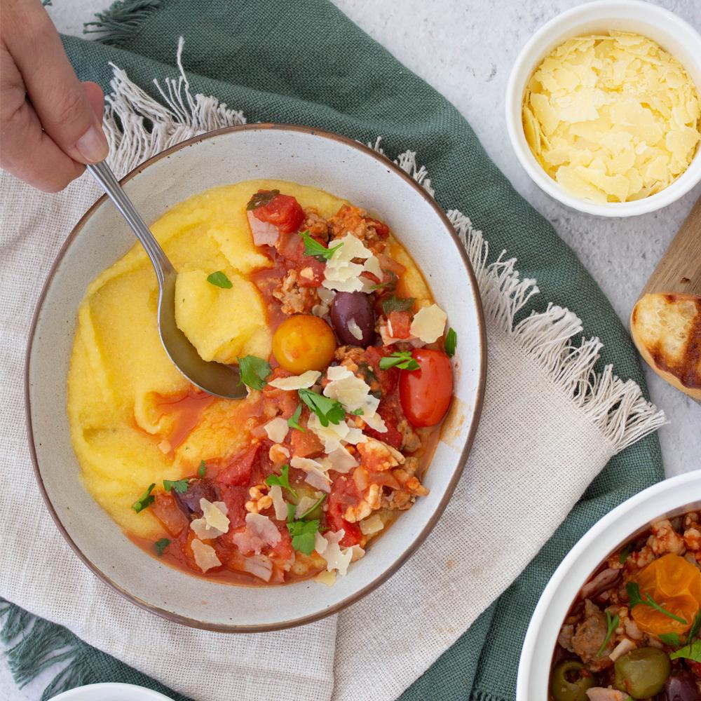 Easy sicilian sausage ragu with cheesy polenta