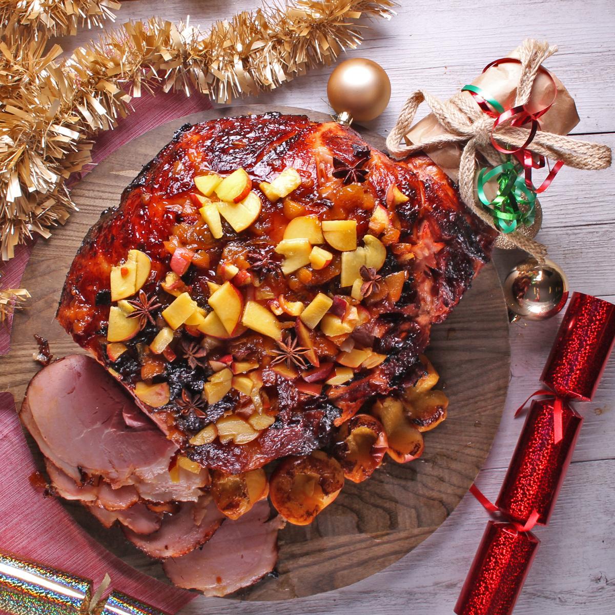 Leg-ham-with-peach-and-rum-glaze
