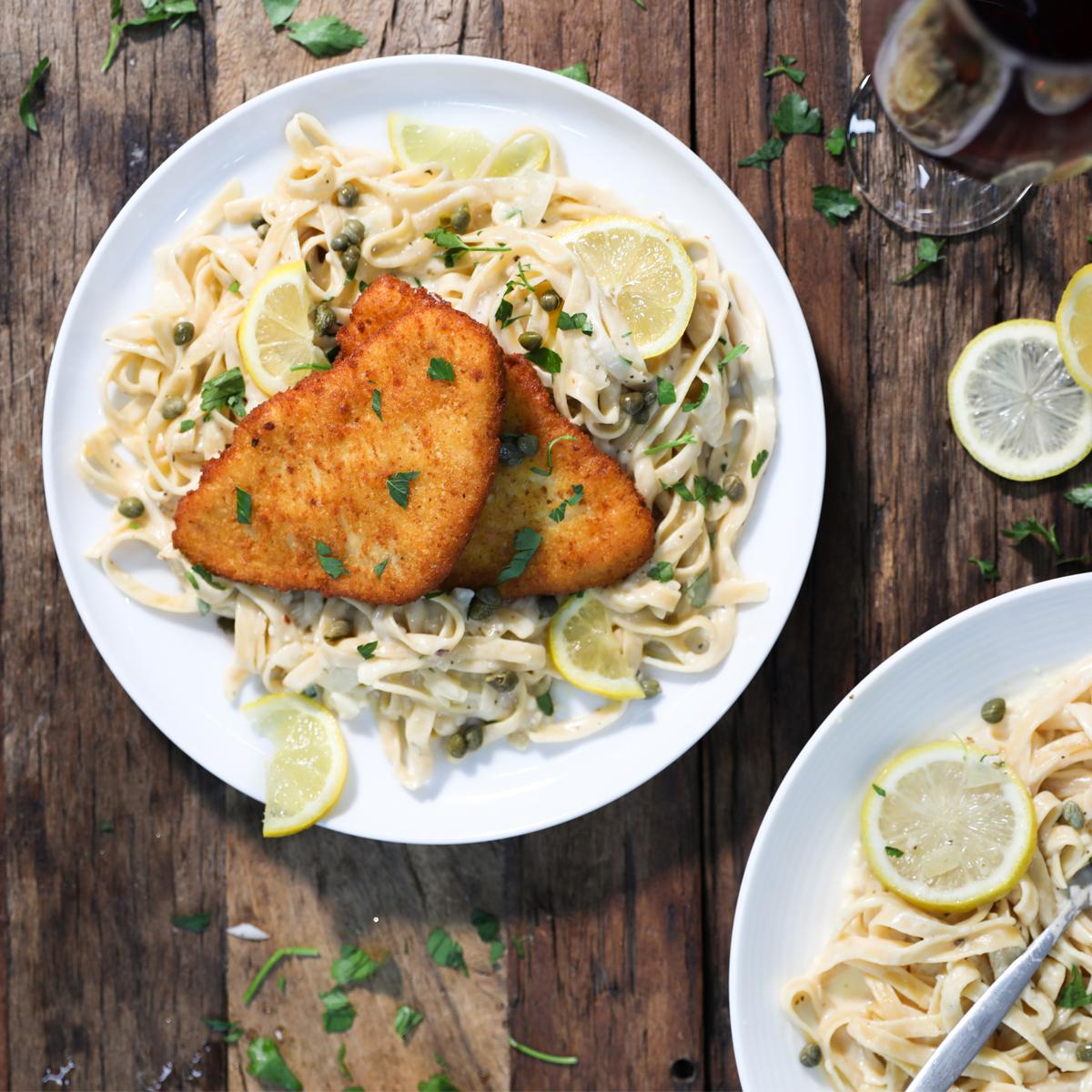 Pork Schnitzel with Lemon Cream Fettucine