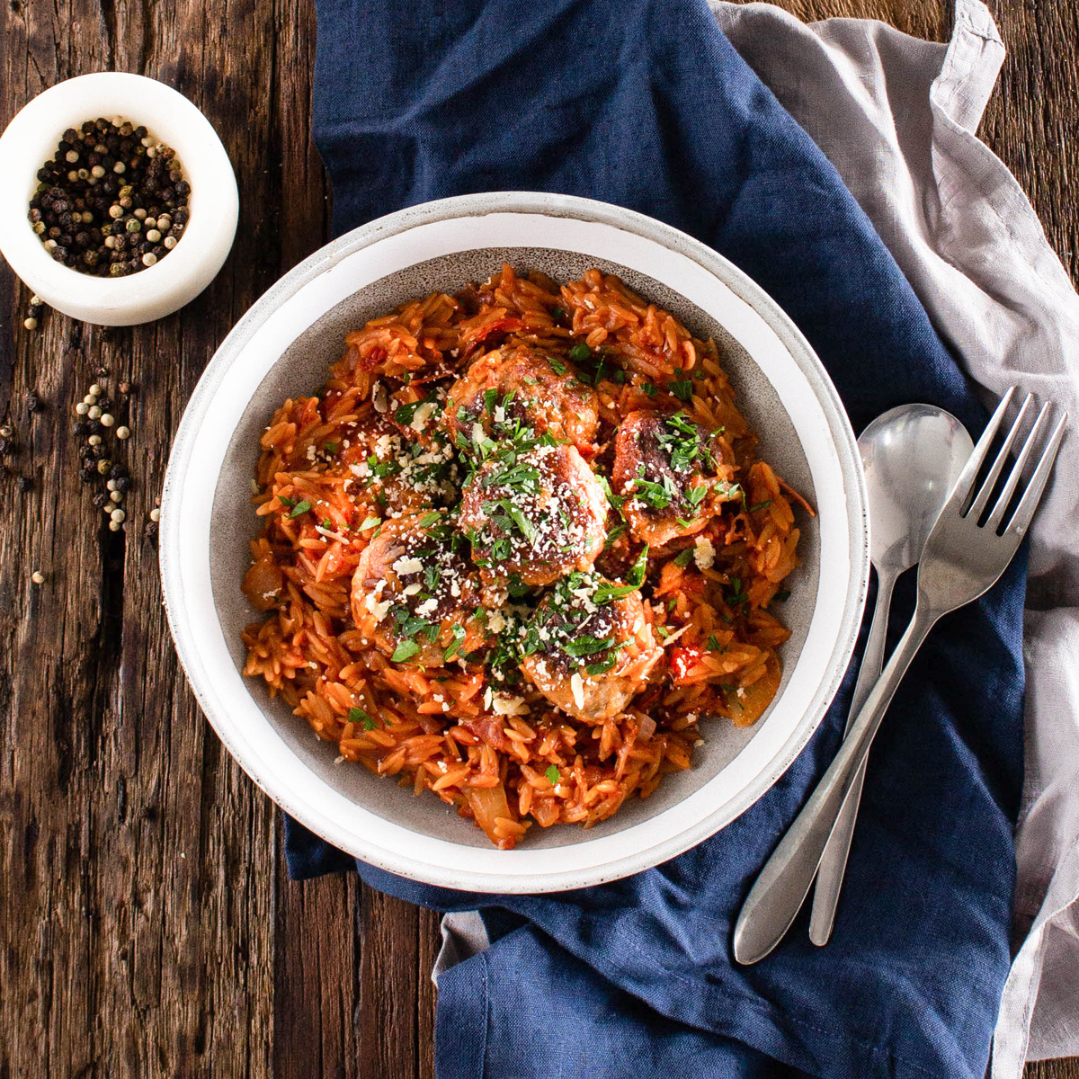 sicilian meatballs with tomato risoni - sicilian sausages