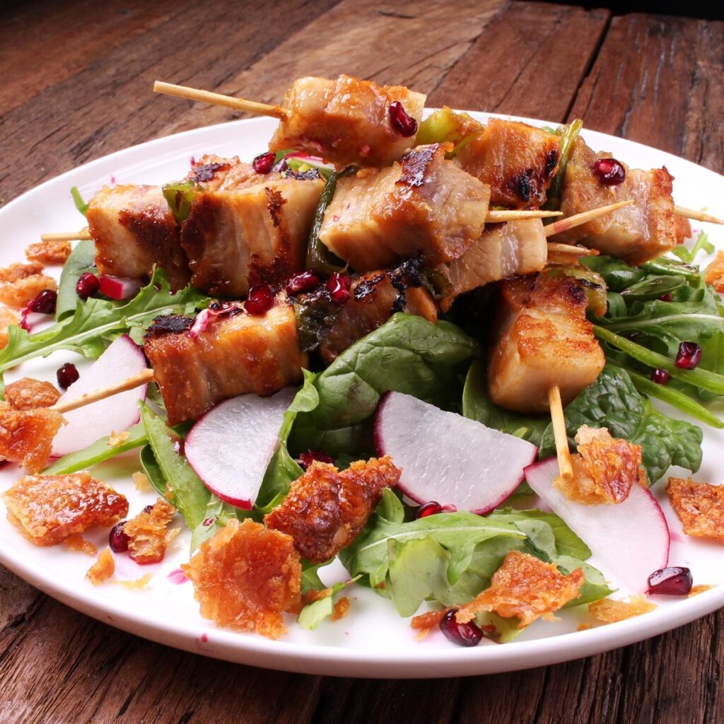 Boozy Miso Pork Belly Skewers, crispy crackling