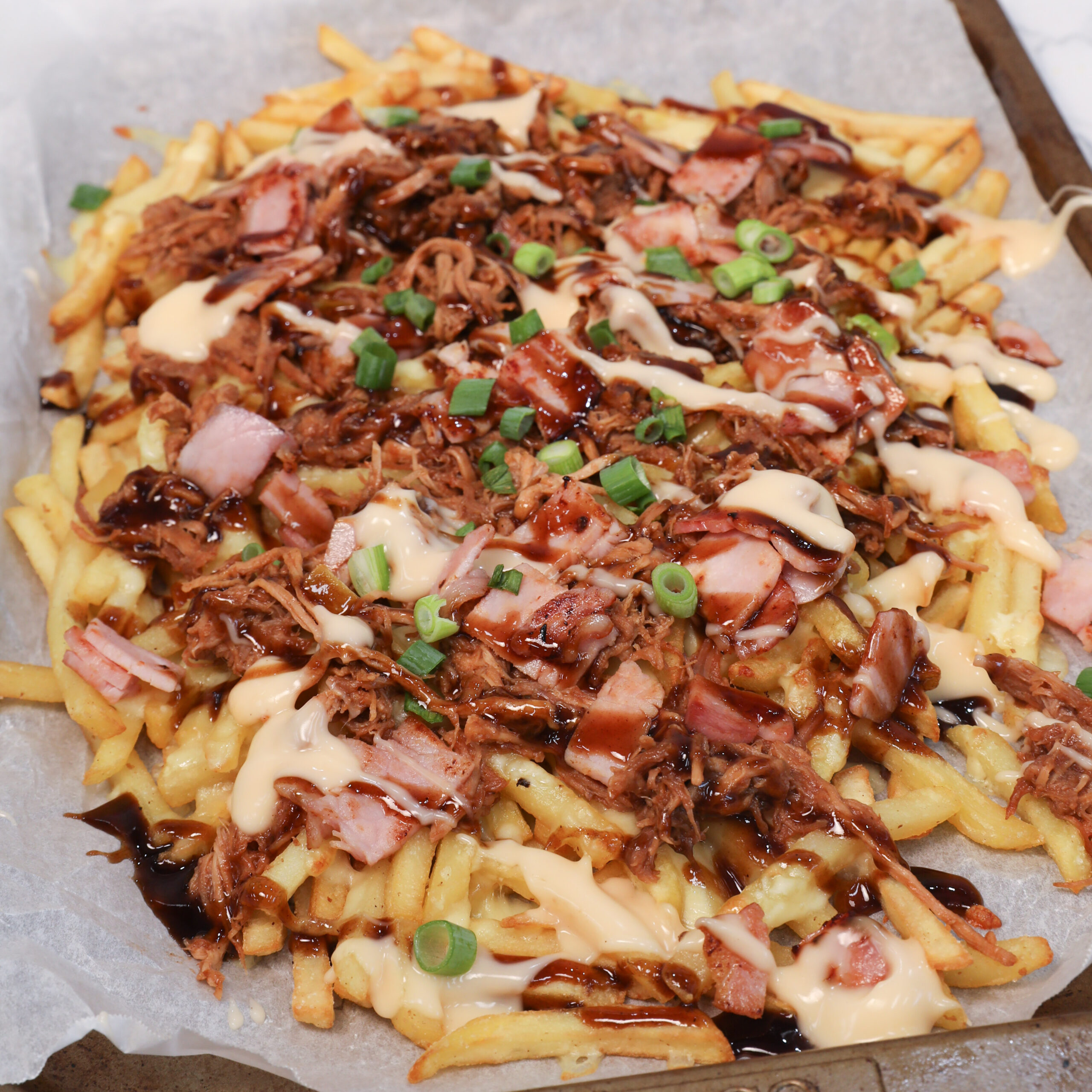 Pulled pork & Bacon Loaded Fries – Three Aussie Farmers