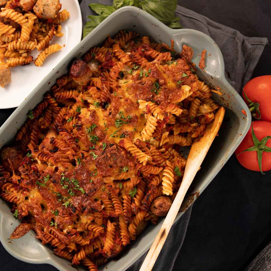 Three-Aussie-Farmers-Sasuage Tomato Basil Pasta Bake