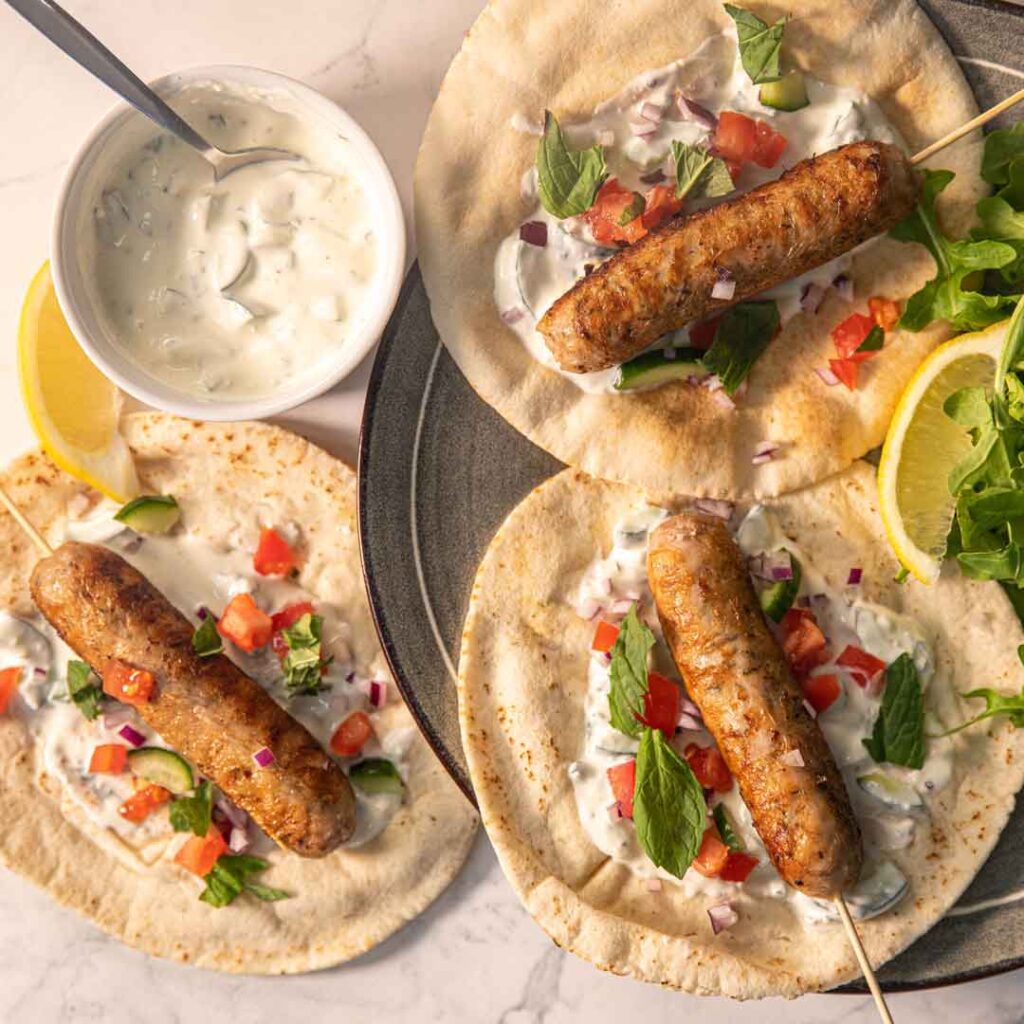 Three Aussie Farmers Sausage Shish Kebab Pita